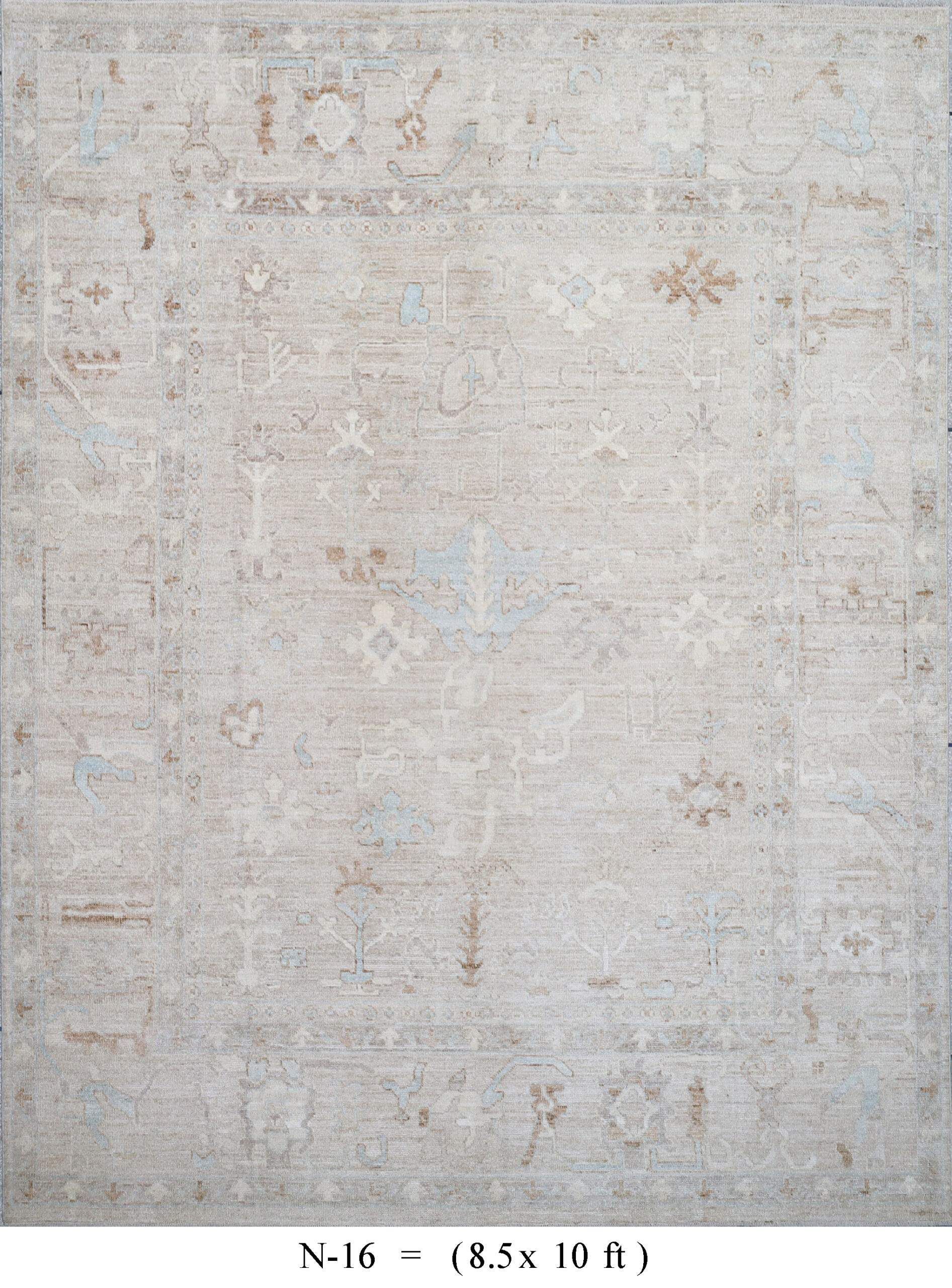 Light beige textured rug with faint floral pattern and a decorative border