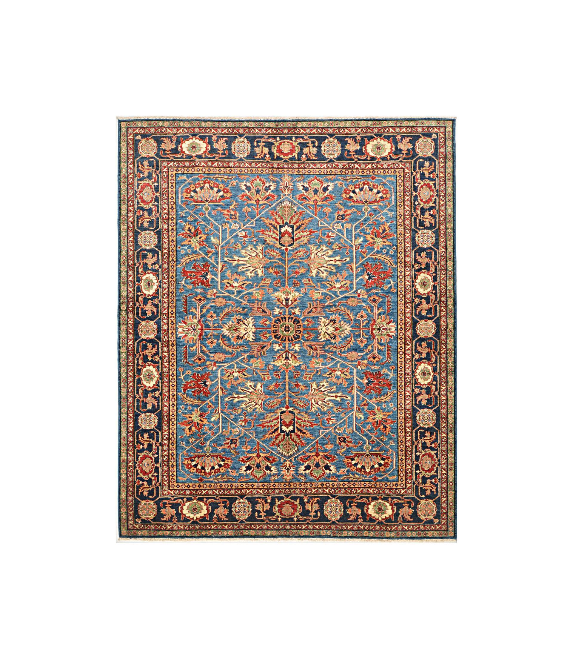Ornate blue and red Persian-style rug with floral border and central medallion