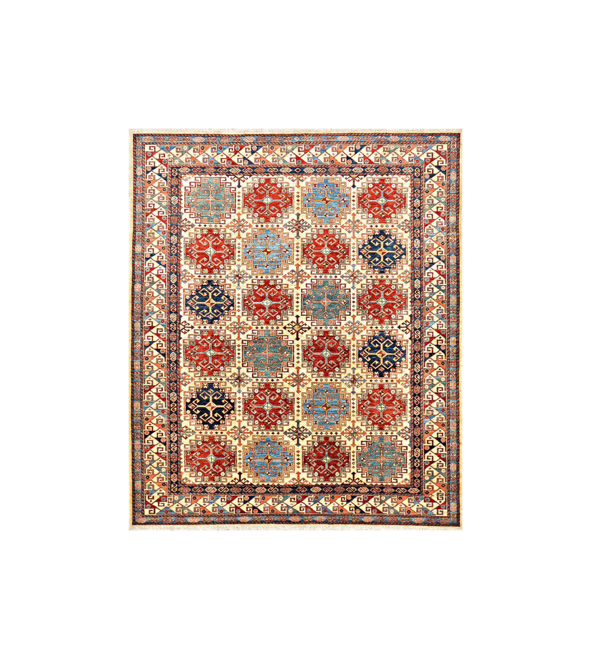 Colorful patterned rectangular area rug with floral medallions in red, blue, cream, and gold