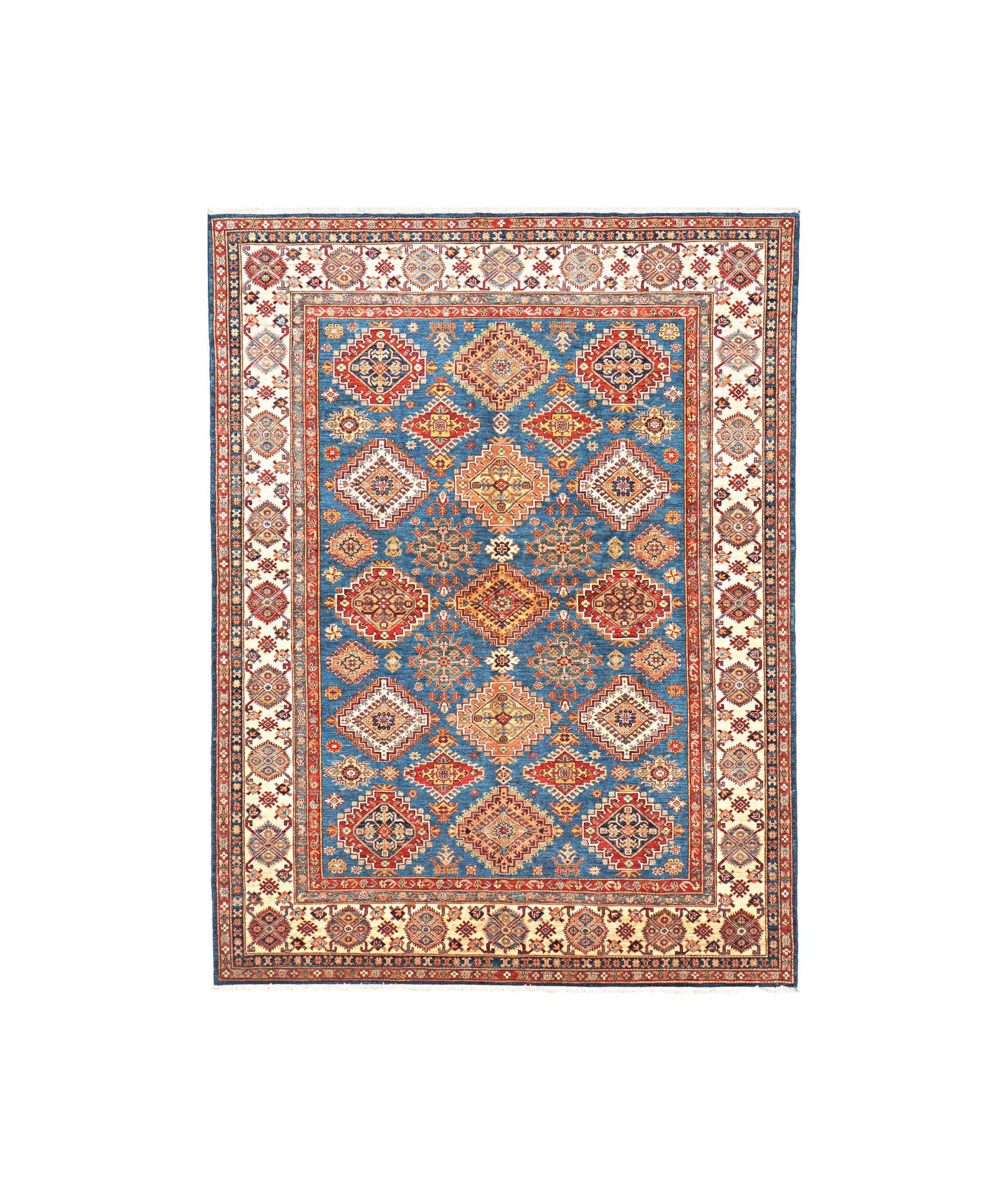 Colorful patterned Persian-style rug with blue, red, and cream geometric motifs