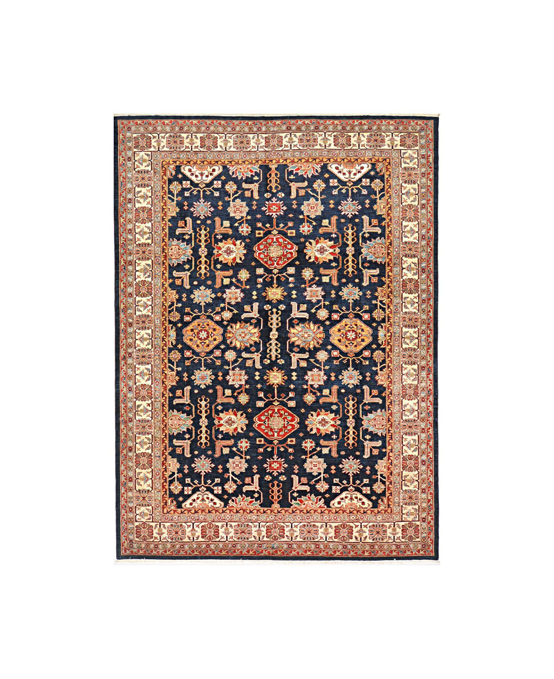 Ornate navy and beige patterned rug with floral motifs and a central medallion