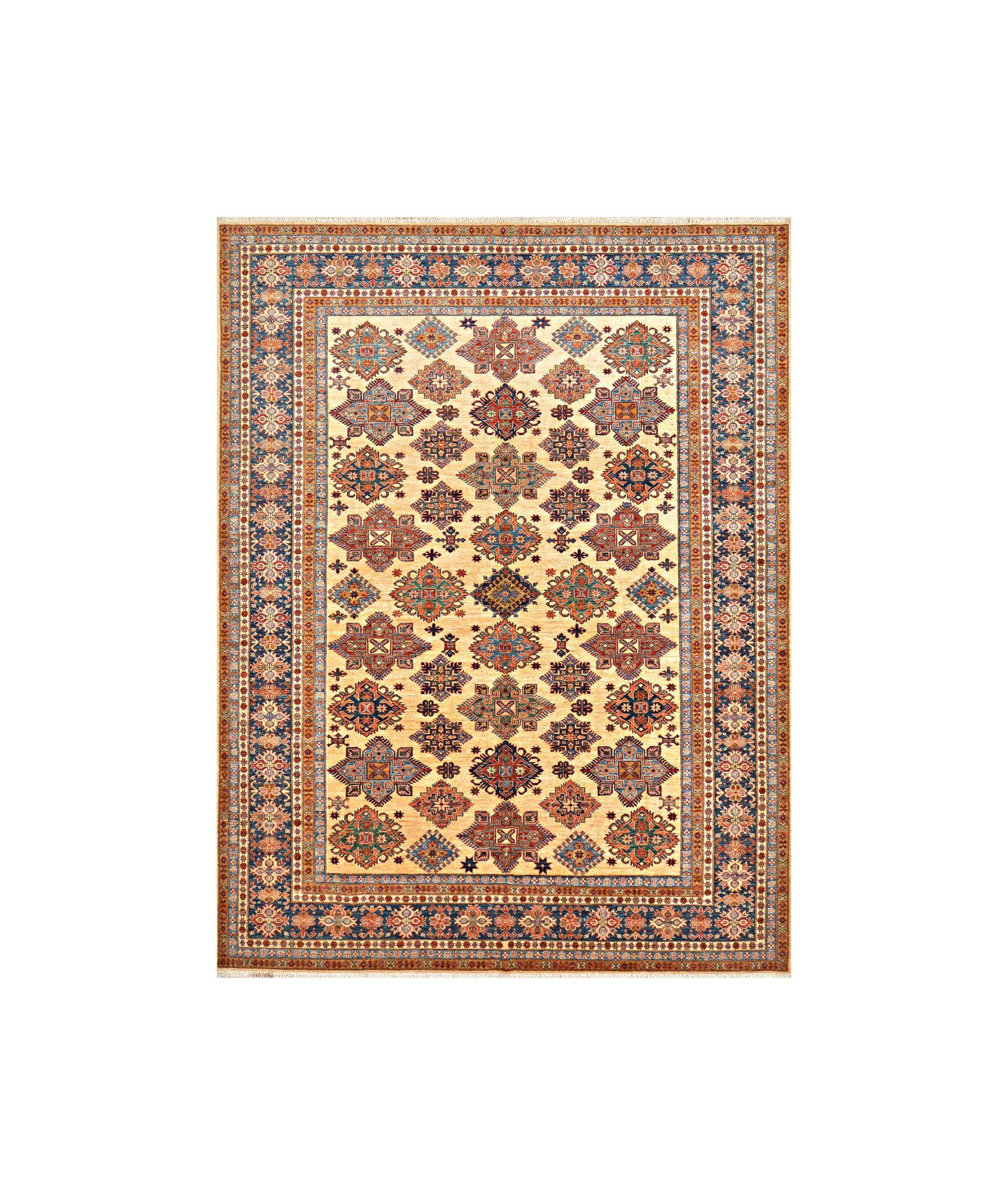 Ornate beige and burgundy Persian-style rug with floral medallion pattern and blue border