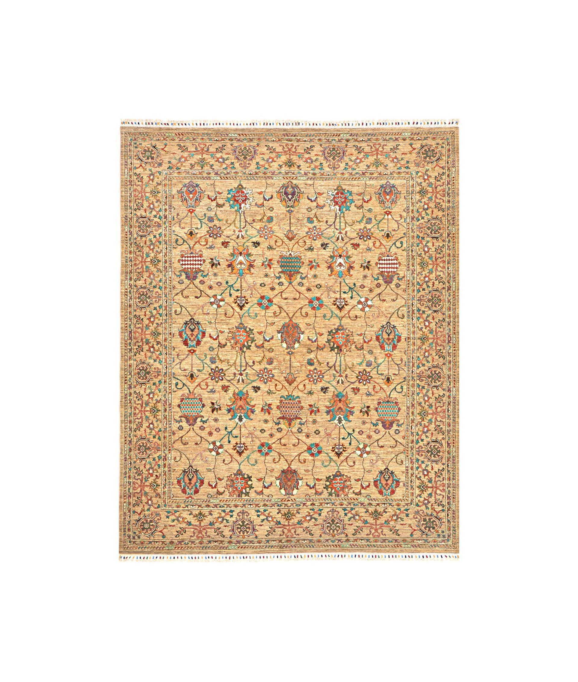 Intricately patterned beige floral tapestry with colorful symmetrical motifs and a decorative border