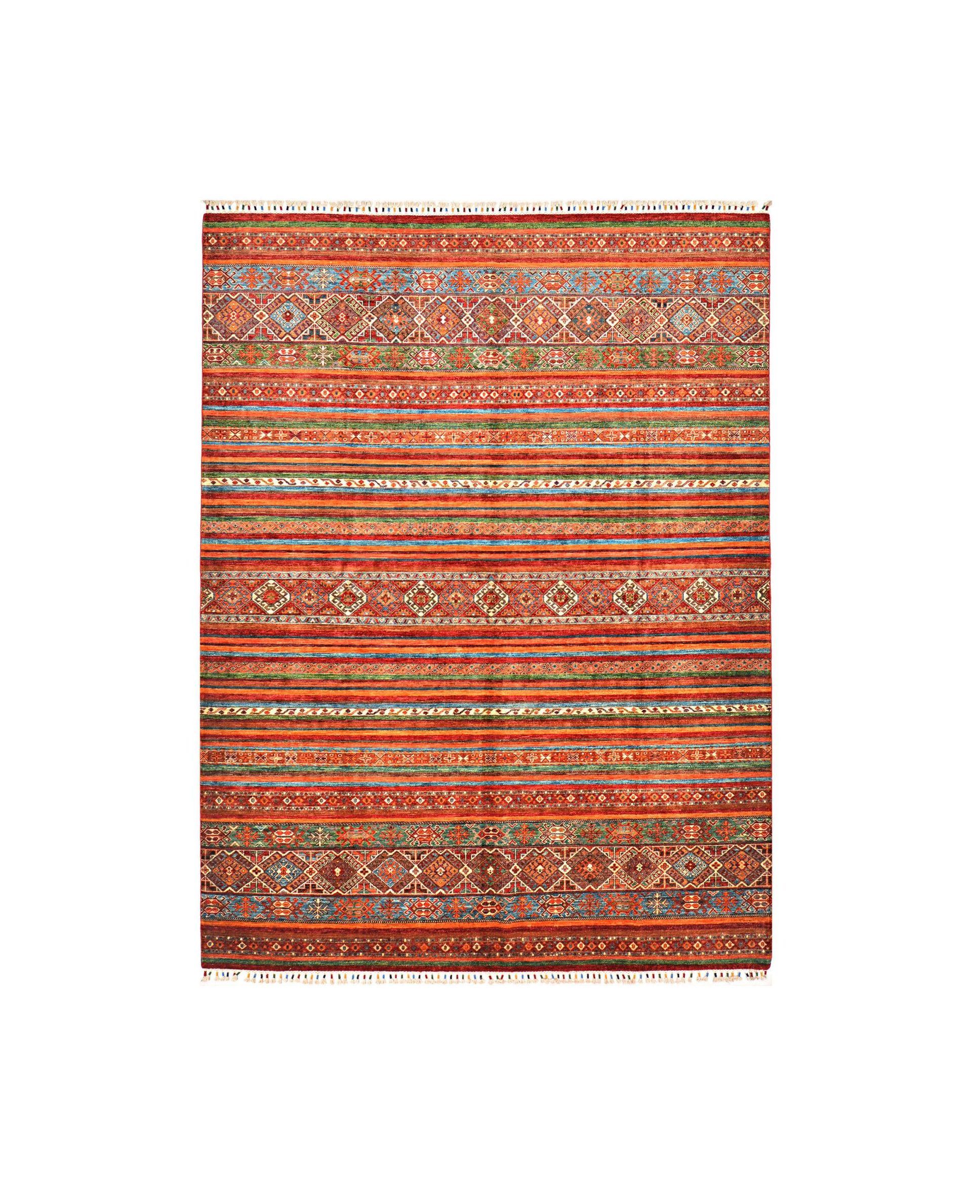 Orange and red patterned rug with horizontal stripes and intricate floral motifs