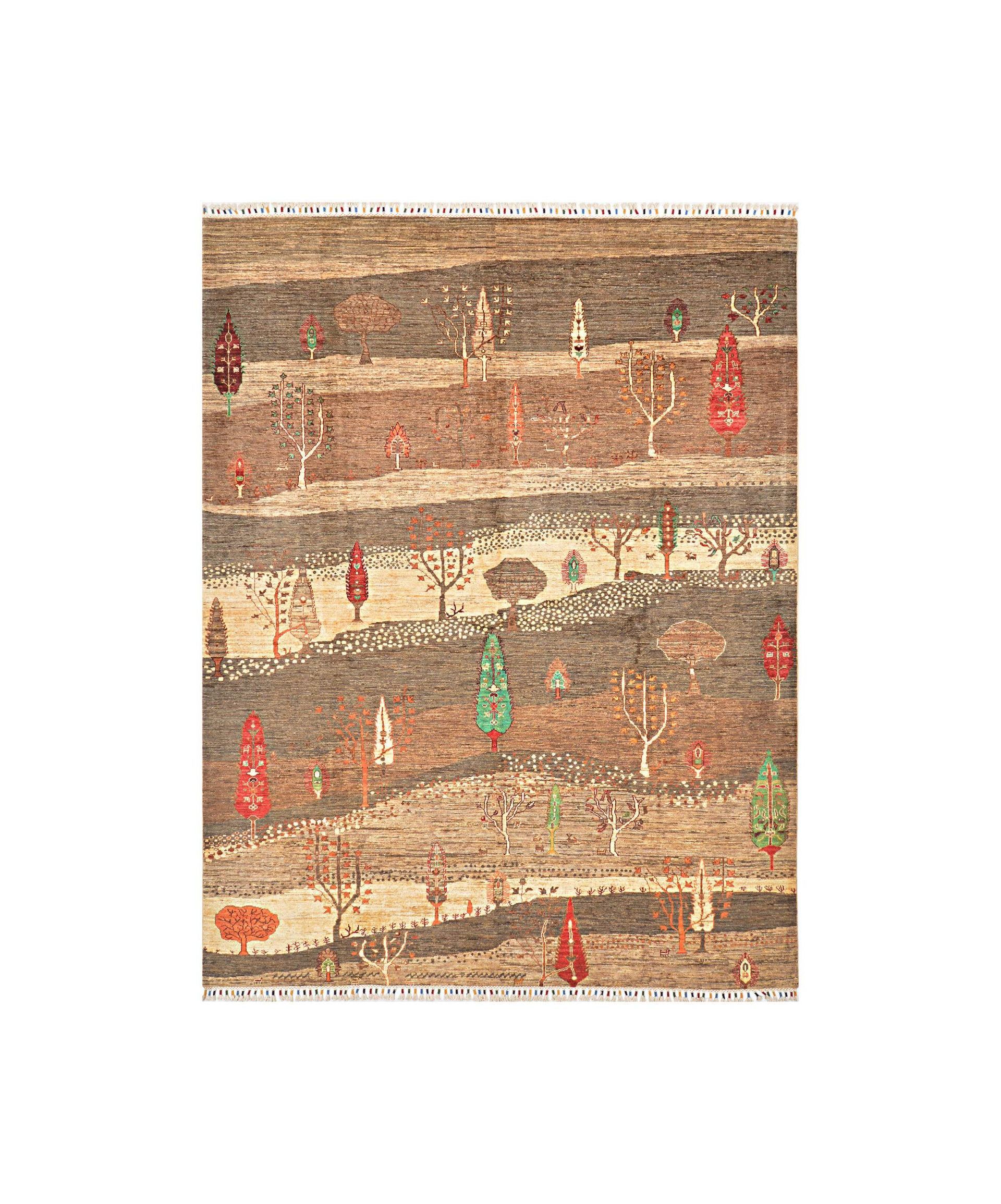 Abstract brown woven textile with faded red and green motifs and a central beige band
