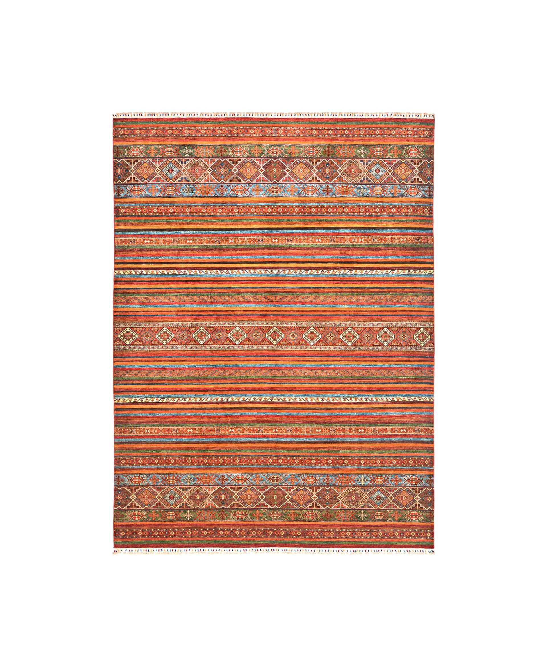 Orange and red patterned rug with horizontal stripes and intricate woven designs