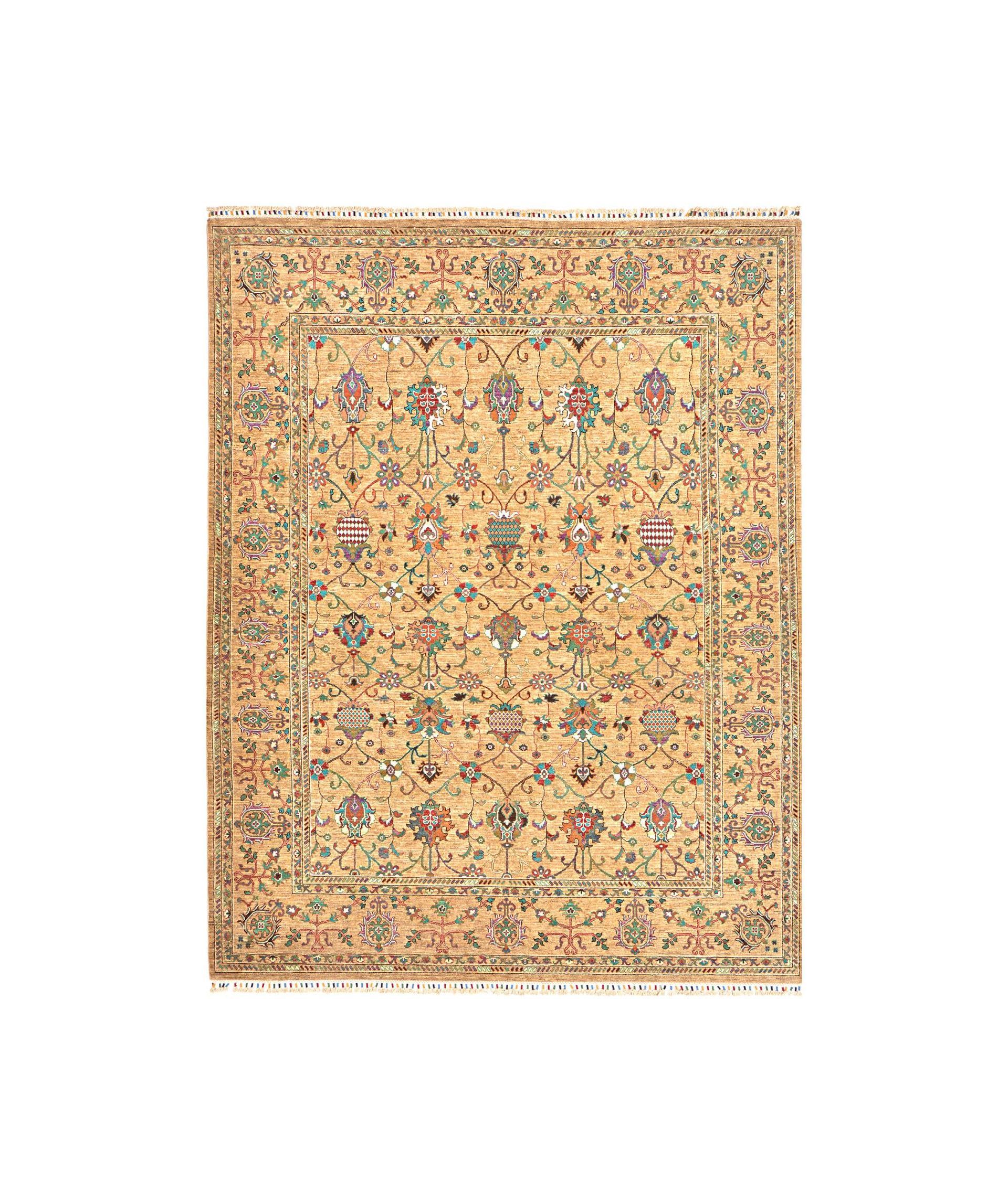Beige floral patterned rug with a detailed border and symmetrical design
