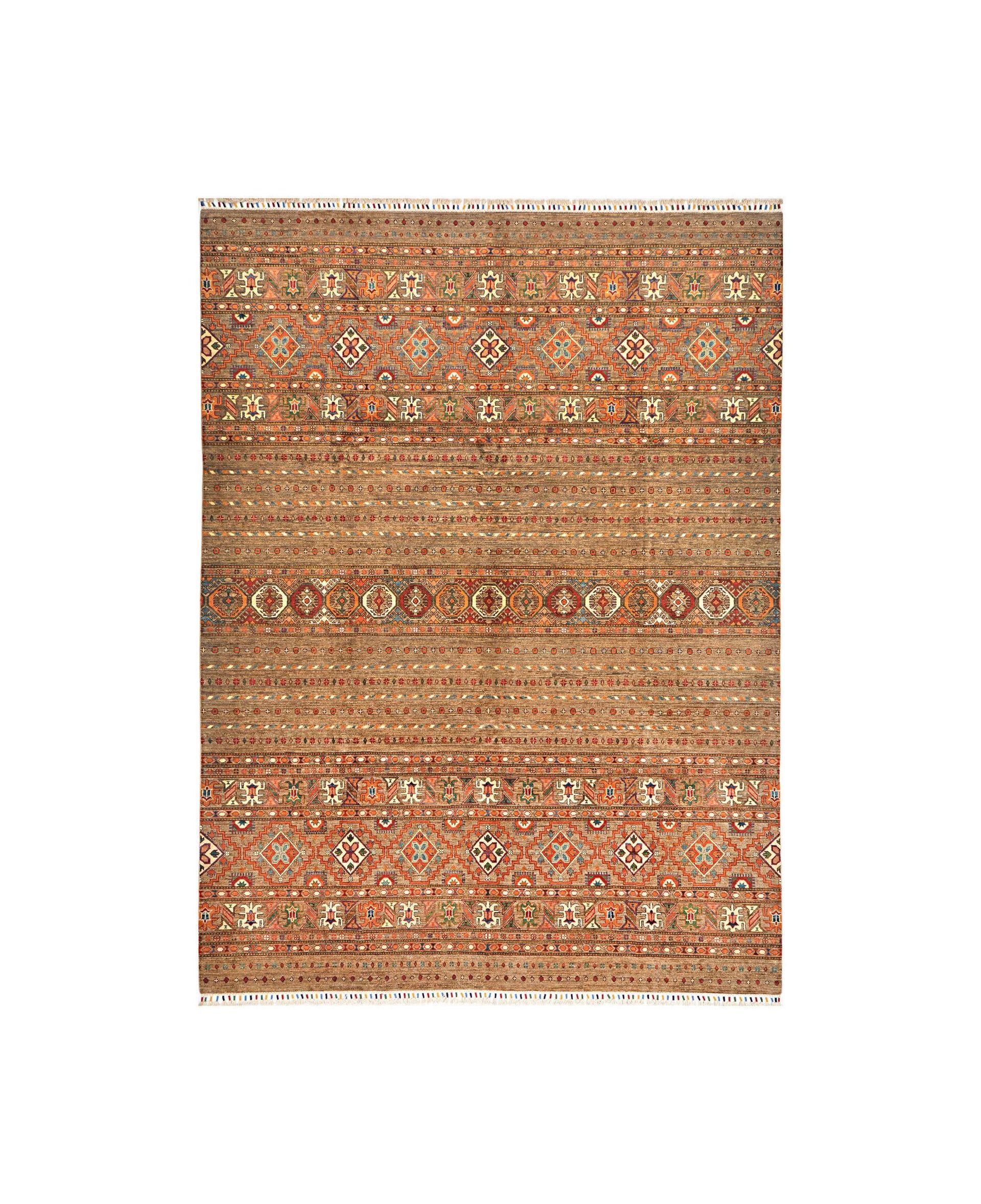 Brown patterned woven rug with red and cream geometric borders on a white background