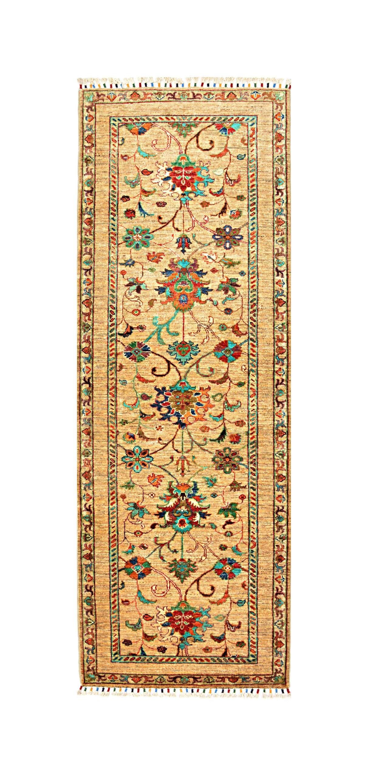 Beige floral runner rug with a multicolored vine and flower pattern, bordered in brown.