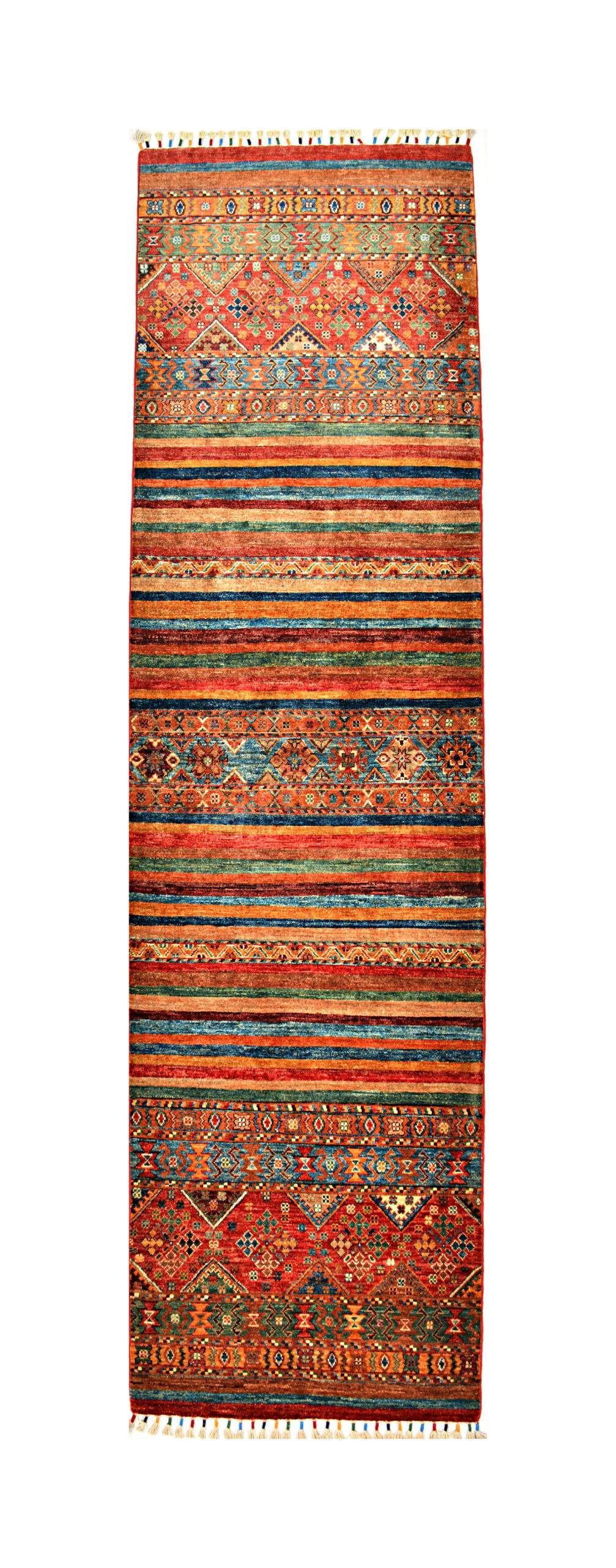 Tall narrow patterned rug with red, orange, blue, and beige stripes and floral motifs