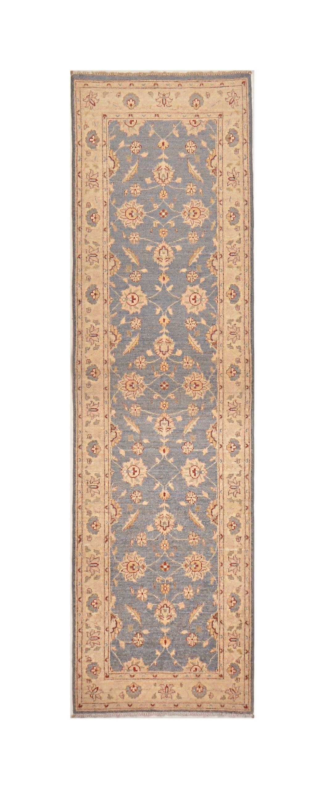 Beige and blue patterned runner rug with floral motifs and a narrow border
