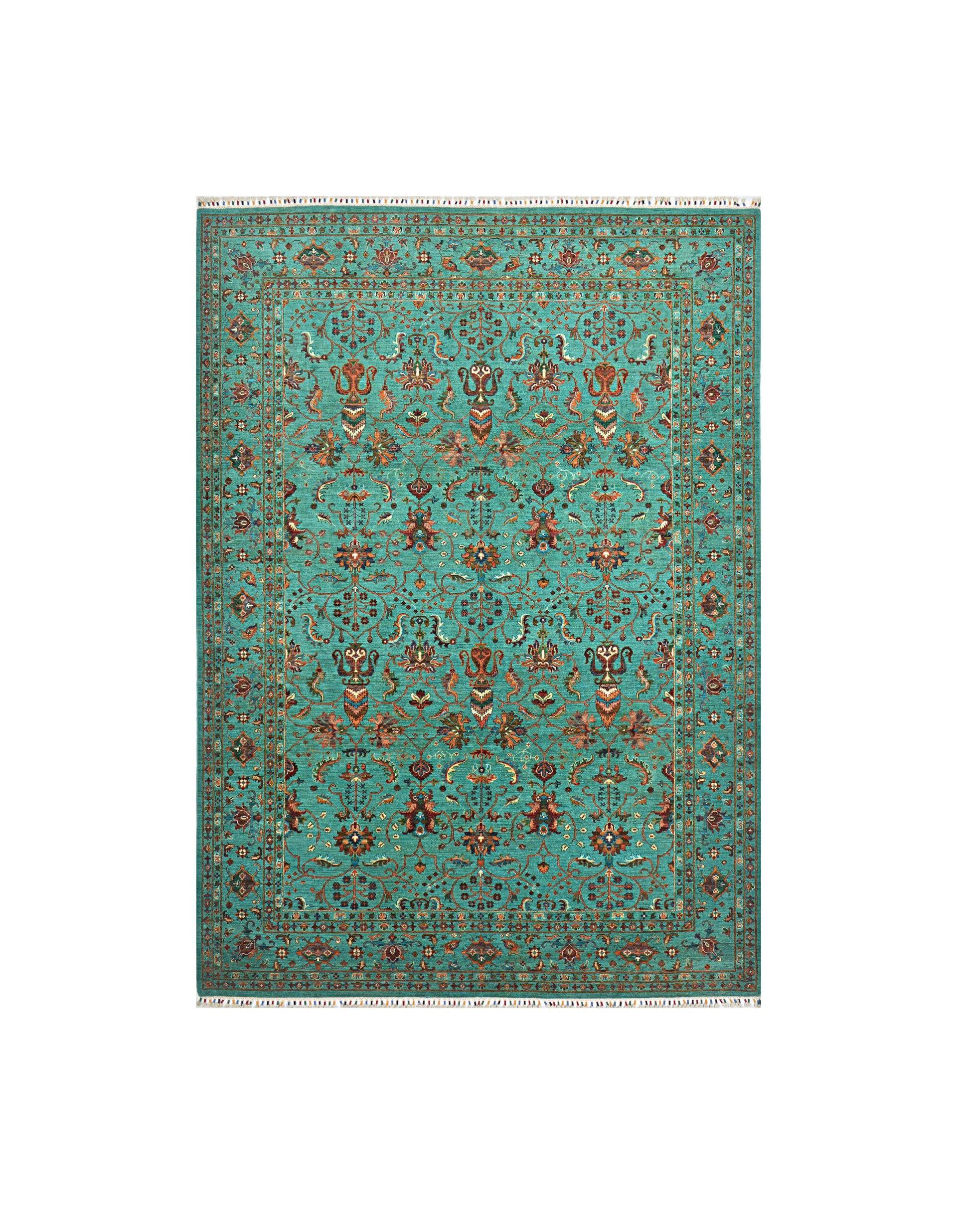 Turquoise patterned rug with red and gold floral motifs on a white background
