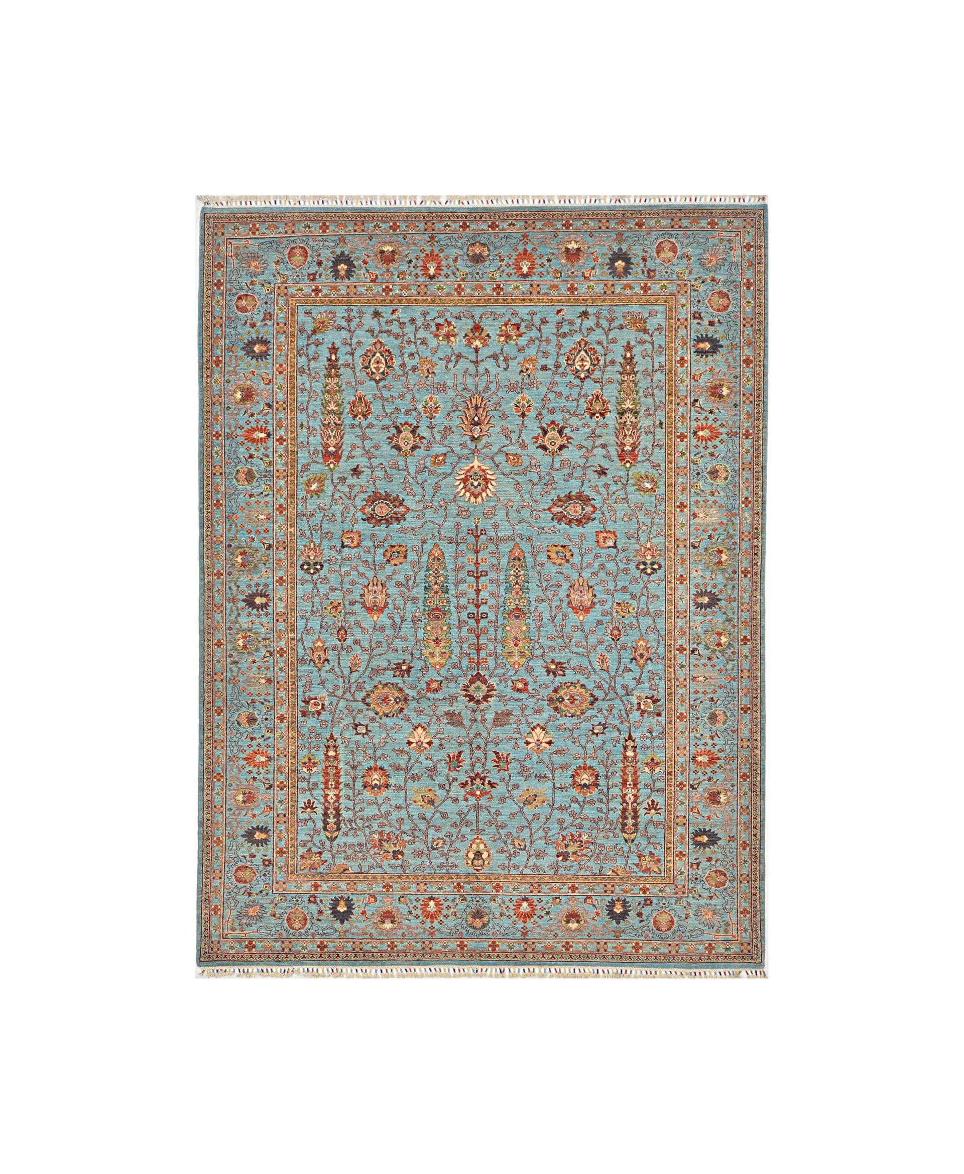 Light blue patterned oriental rug with red and beige floral motifs