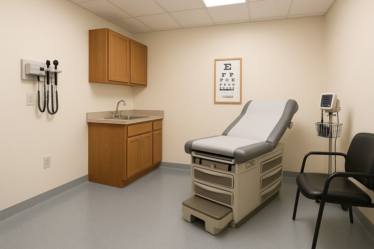 Exam room with epoxy floors, exam table, cabinets, and medical equipment.

