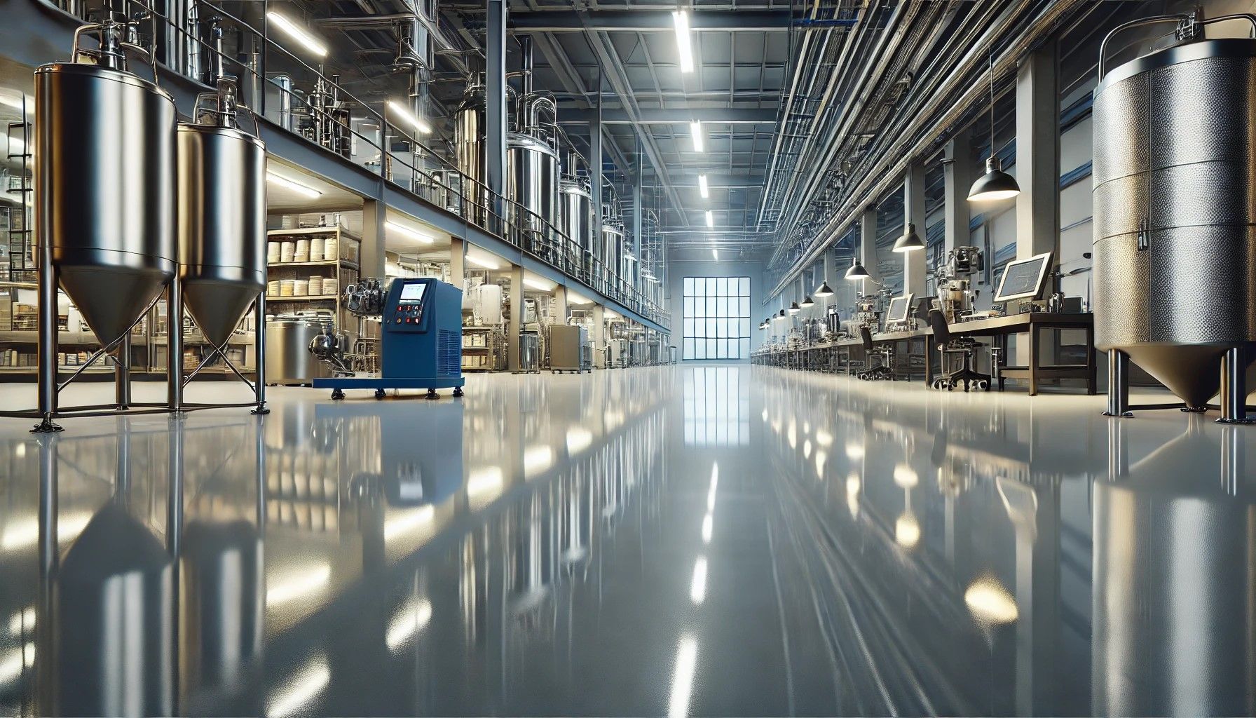 Smooth, reflective epoxy floor in modern industrial space with equipment and shelving.