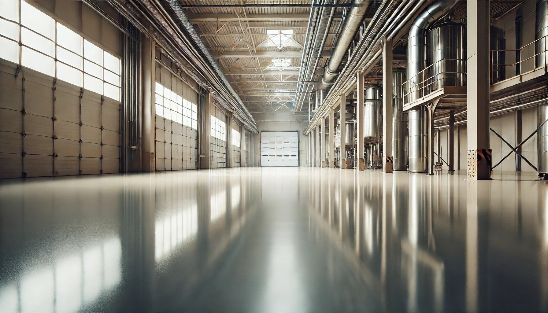 Clean industrial floor with seamless, reflective epoxy coating in neutral tones.