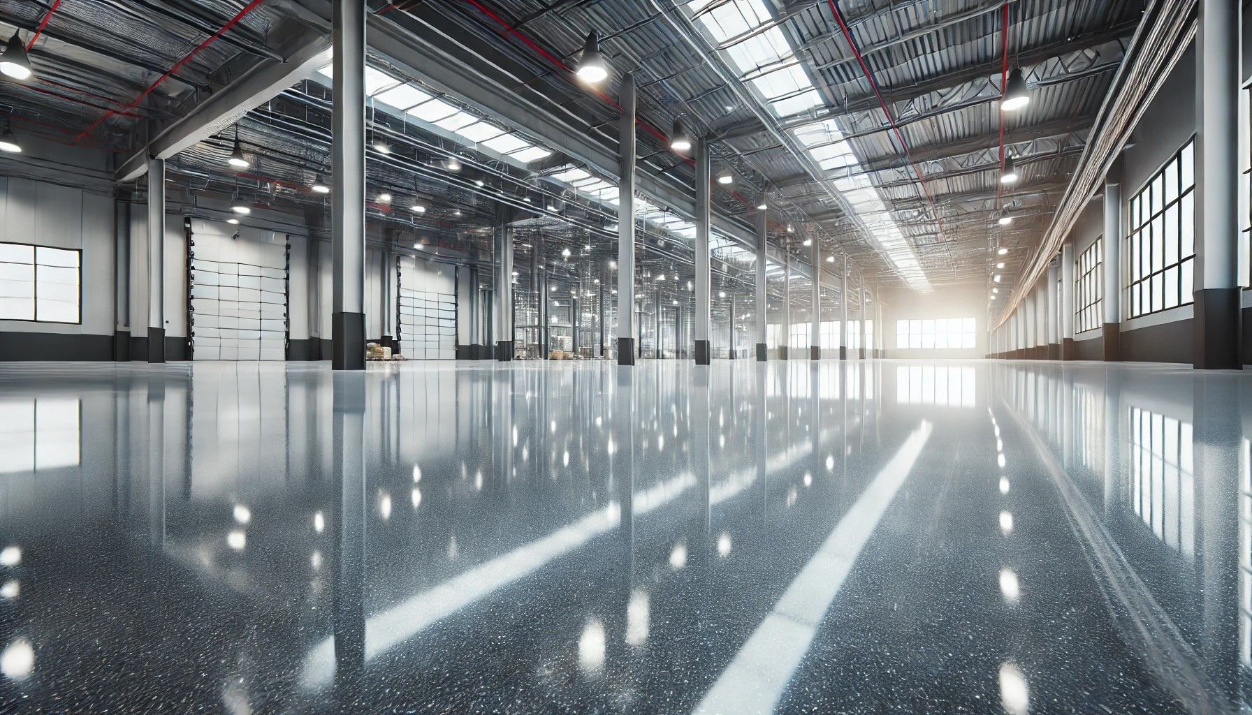 Seamless polished epoxy floor in a modern industrial space with uniform material and bright lighting