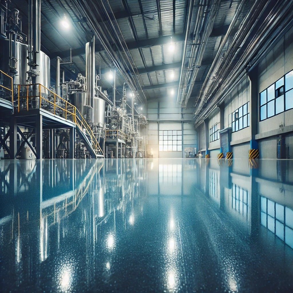 High-gloss epoxy floor in an industrial warehouse with blue walls and a polished metallic finish