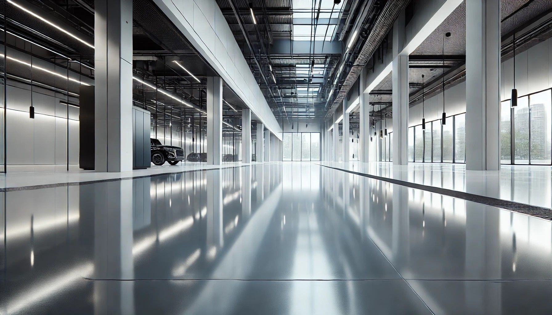 Polished epoxy floor in a modern commercial space with bright overhead lighting and seamless finish