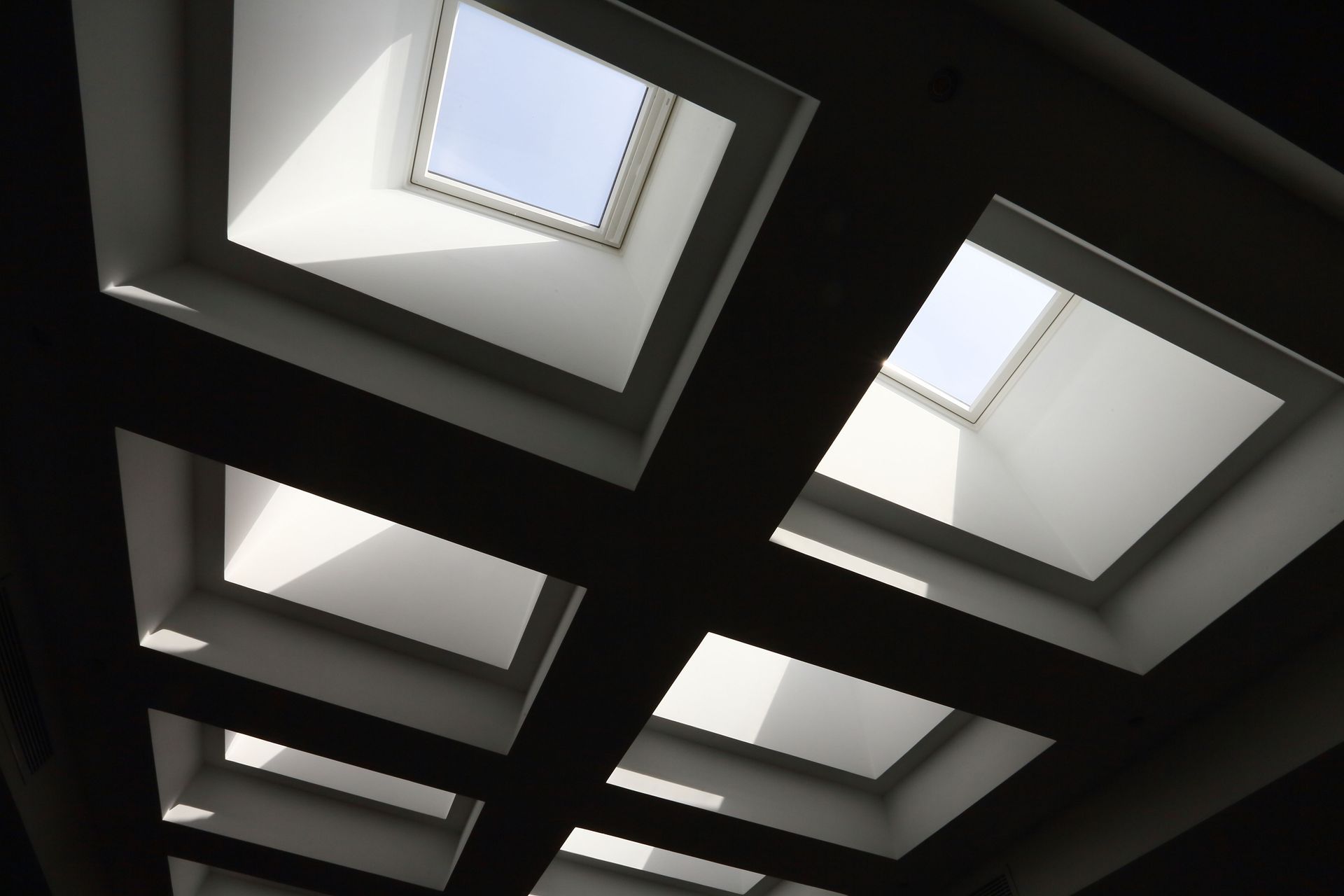 Skylights in a white ceiling, casting shadows. Blue sky visible through openings.