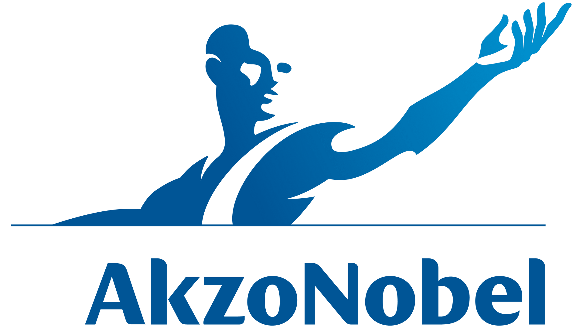 Blue silhouette of a person with outstretched arm; AkzoNobel logo below.