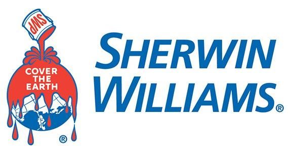 Sherwin-Williams logo: red paint pouring from a can over a globe, text