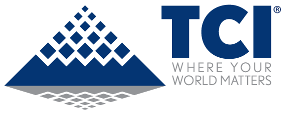 TCI logo: Blue mountain shape with diamond pattern, blue