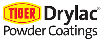 Logo for Tiger Drylac Powder Coatings. Red text within a yellow and gold outline. Black text below reads