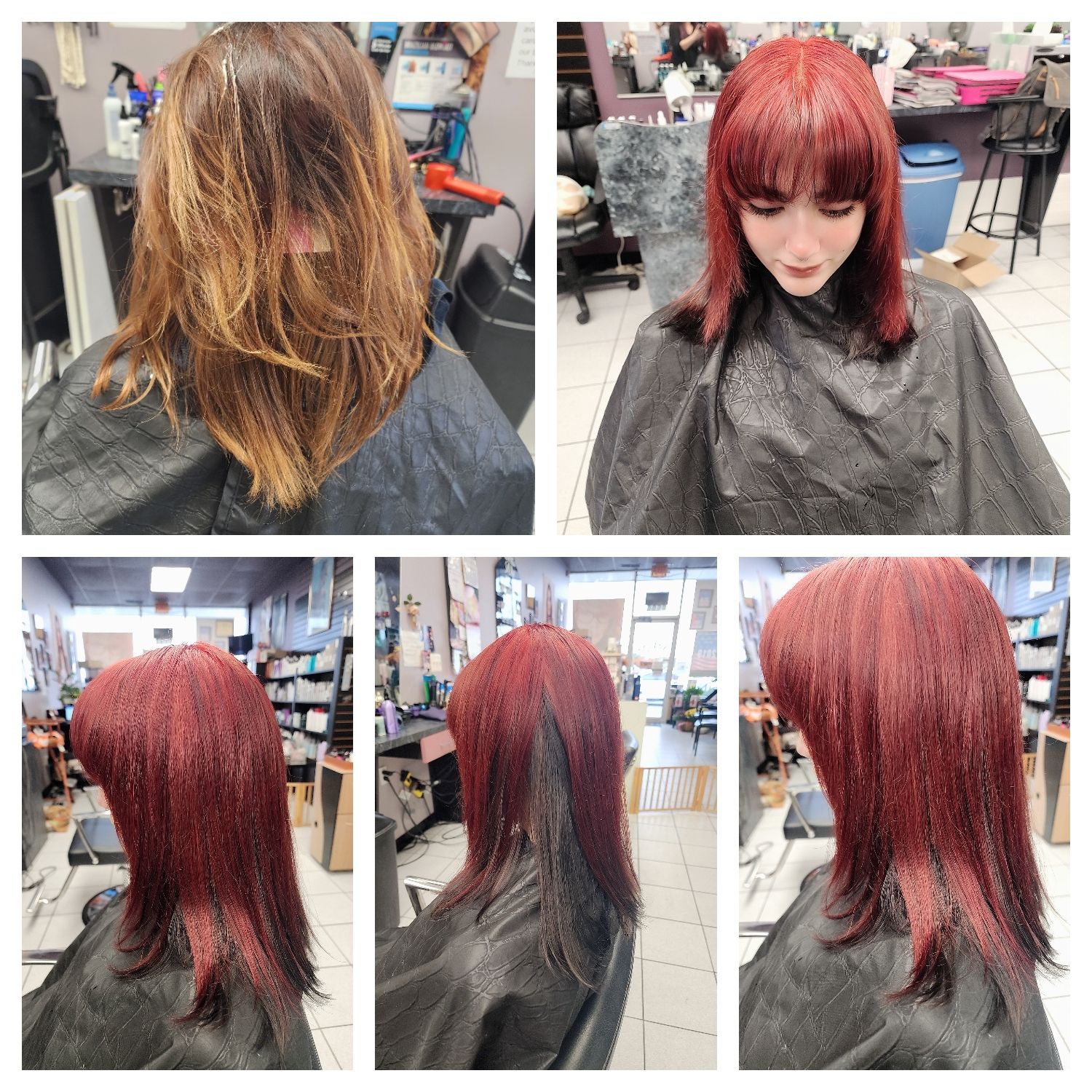 a woman with red hair is getting her hair cut in a salon