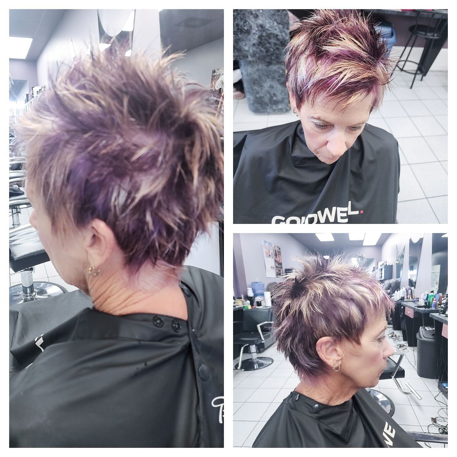a woman with purple hair is getting her hair cut in a salon