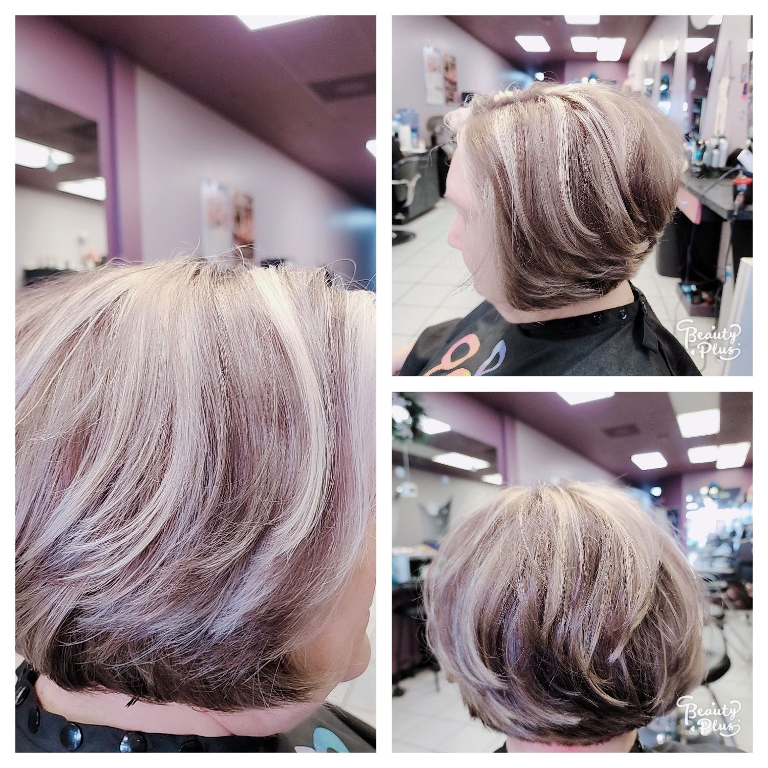 a woman is getting her hair cut in a salon