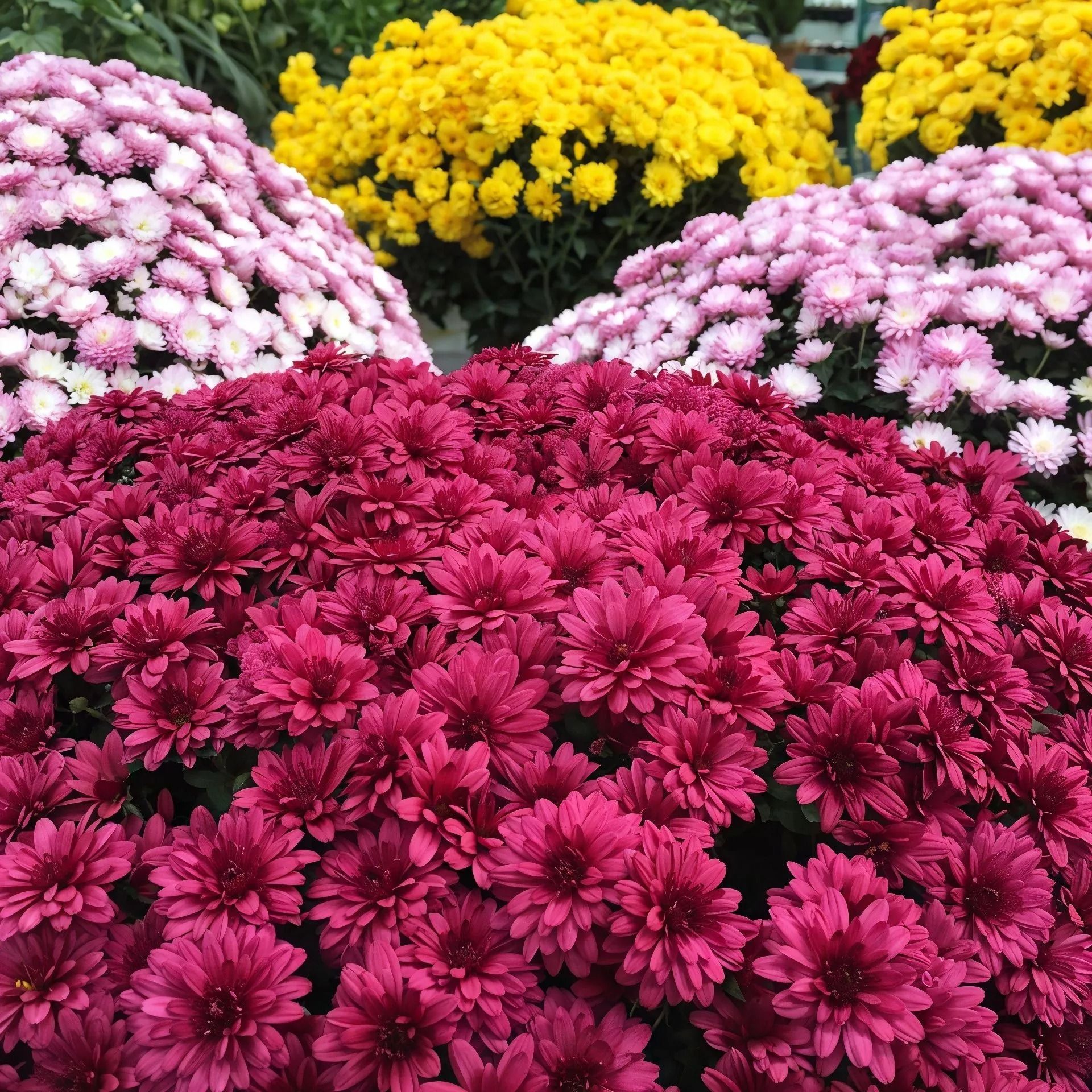 Clusters of colorful chrysanthemums: deep magenta, pink, and yellow flowers in full bloom.