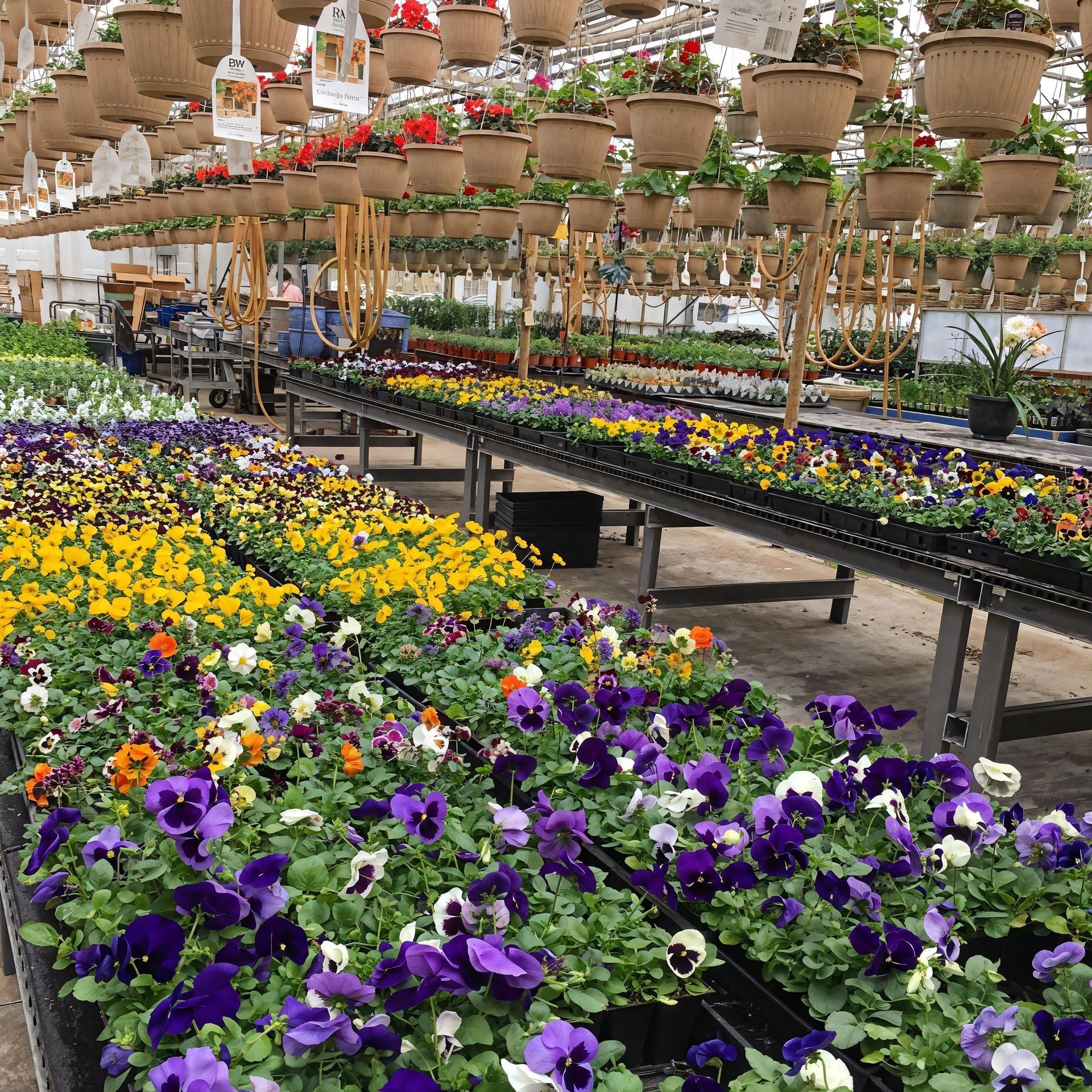 Greenhouse filled with colorful pansies, hanging baskets, and various flowering plants.