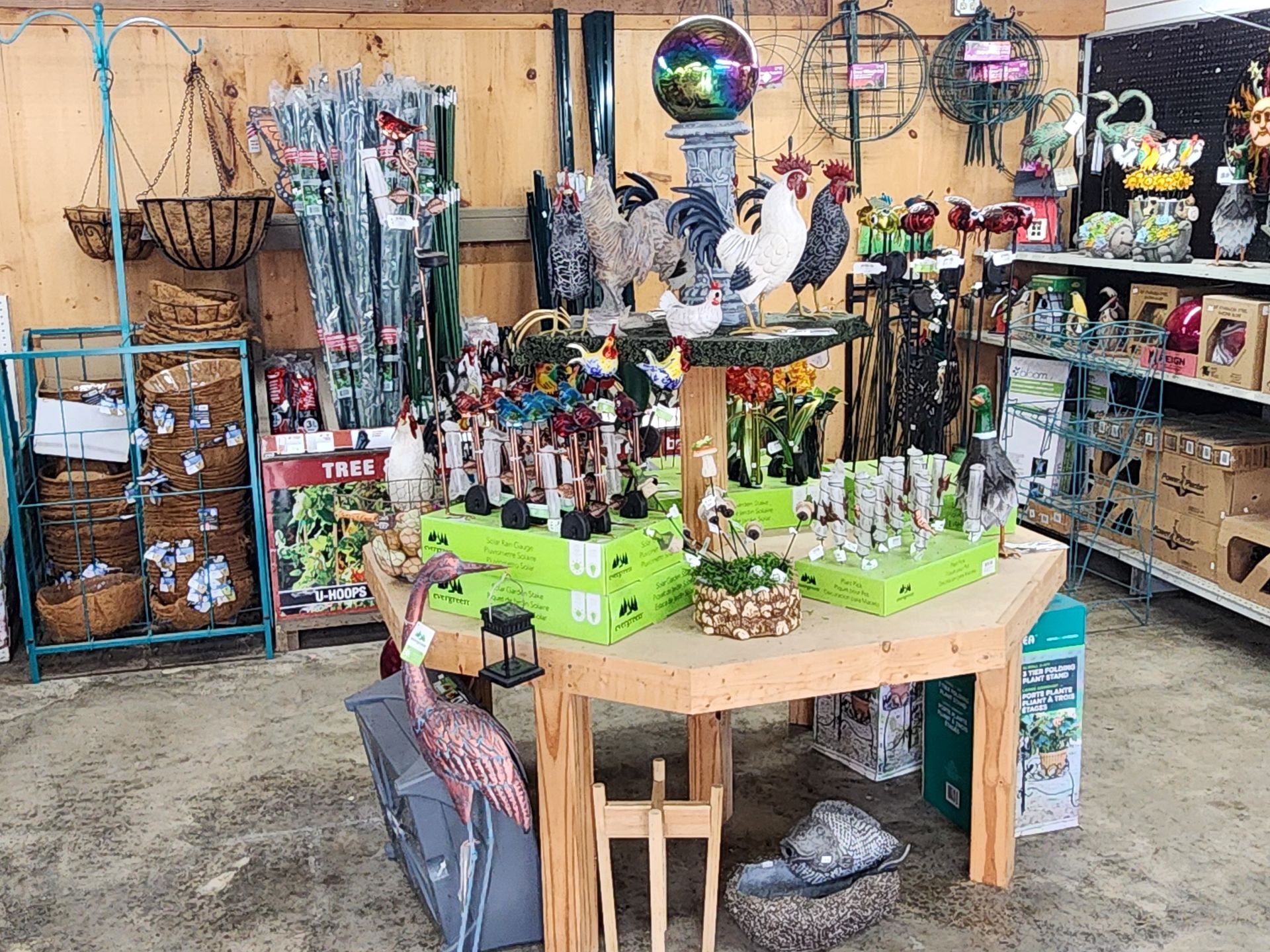 Pet store display with cat-themed decor, toys, and green tabletop arrangements in a wooden room