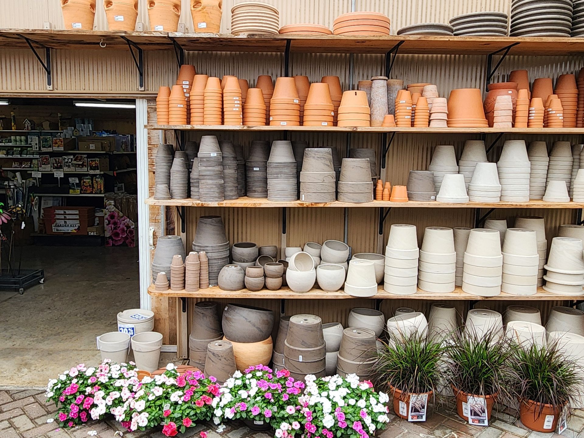 Shelves of terracotta and white planters in a pottery shop, with flowers and herbs displayed below.