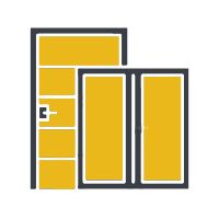 Stylized yellow front door with dark frame and side panels