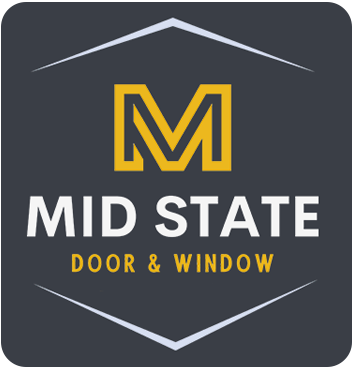 Mid State Door & Window logo in white and gold on a dark gray background