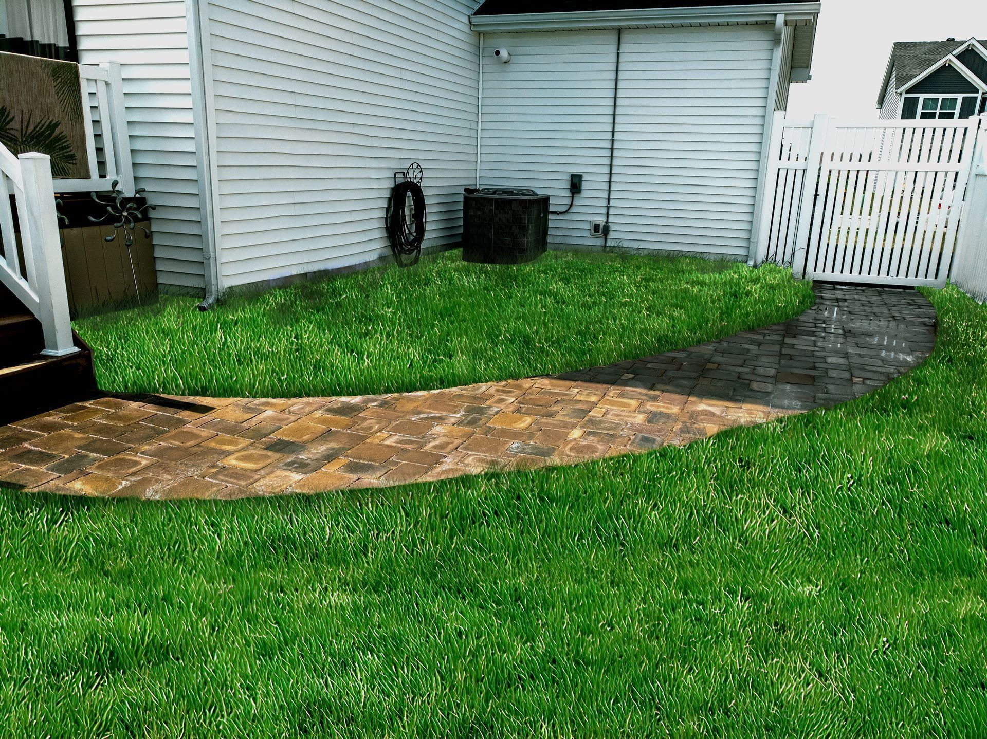 Brick pathway through green grass, leading to a white fence.