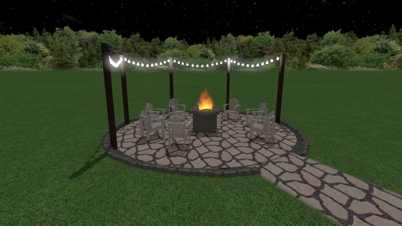 Fire pit with chairs under string lights on a stone patio at night.