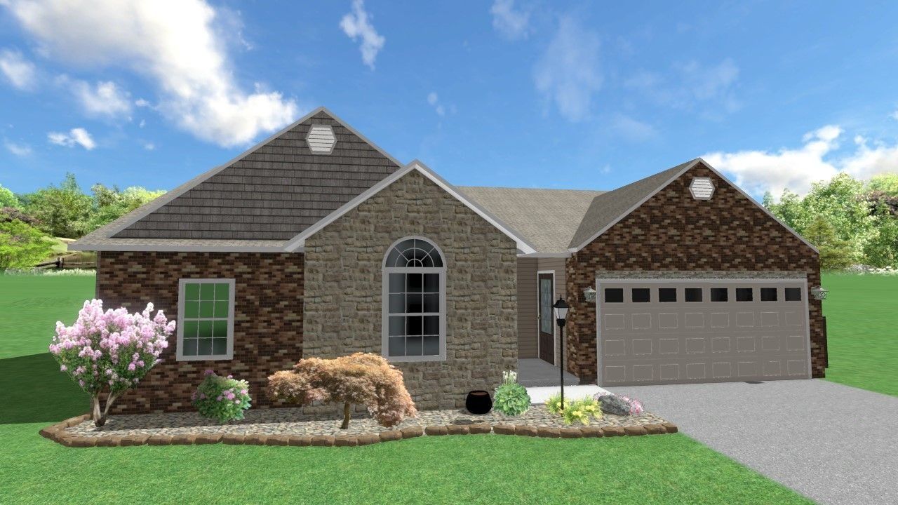 A single-story house with stone and gray siding, arched window, garage, and landscaping.