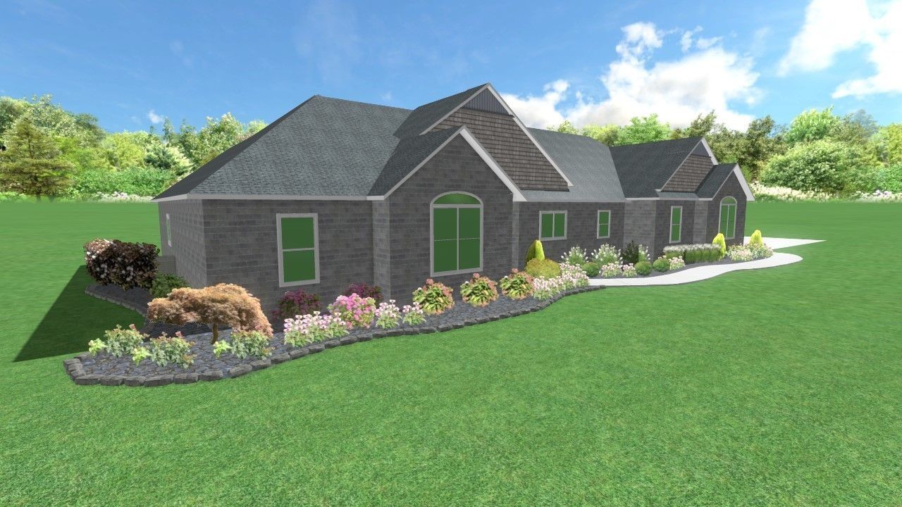A brick ranch-style house with a dark gray roof, surrounded by landscaping and a green lawn, under a blue sky.