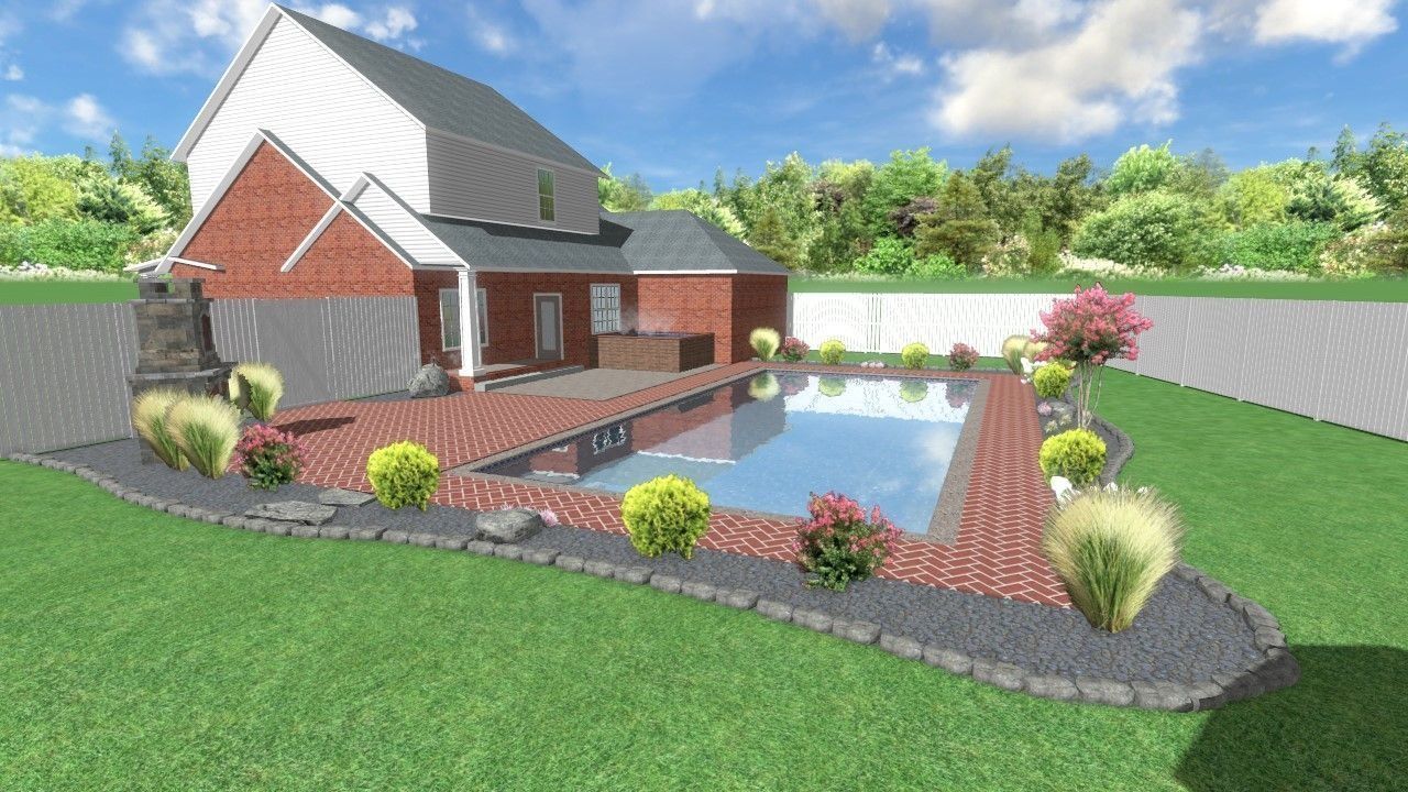 A brick home with a pool in the backyard, surrounded by landscaping and grass.