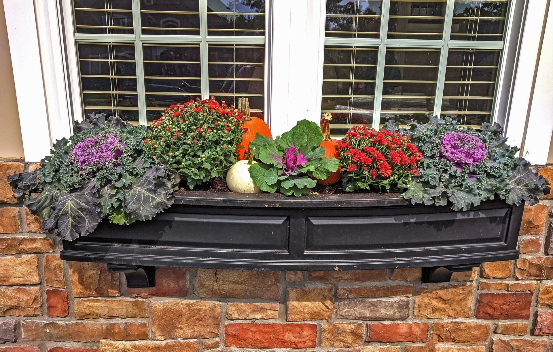 Window box with autumn flowers and pumpkins on brick.
