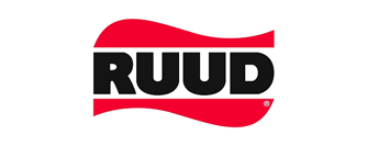 RUUD logo with black text inside a red wavy shape on a white background.