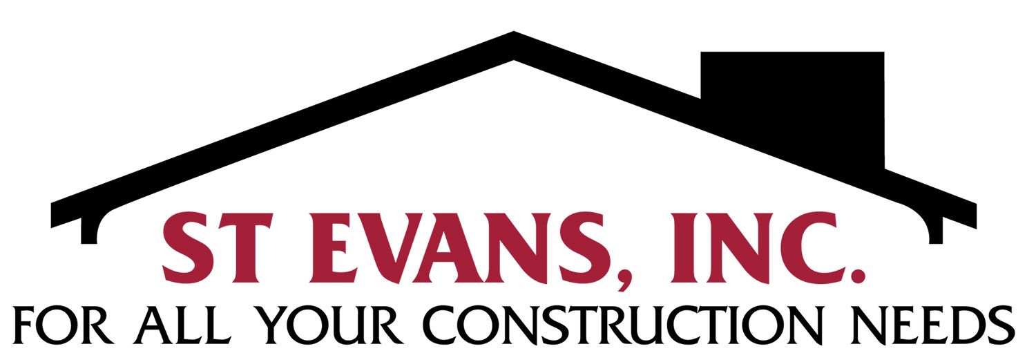 Logo for ST Evans, Inc., a construction company, featuring a black house outline with red text.