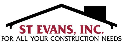 Logo for ST Evans, Inc., a construction company, featuring a black house outline with red text.
