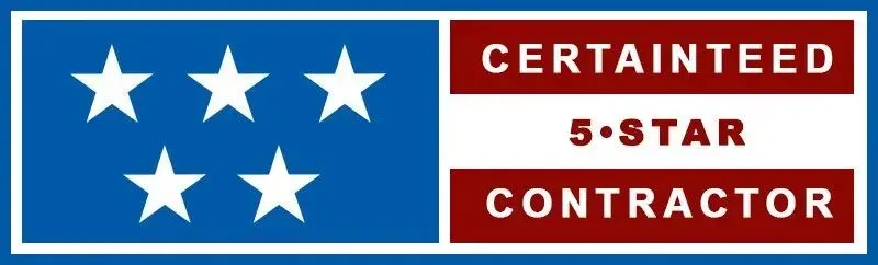 CertainTeed 5-Star Contractor logo with blue and white stars, red and white text.