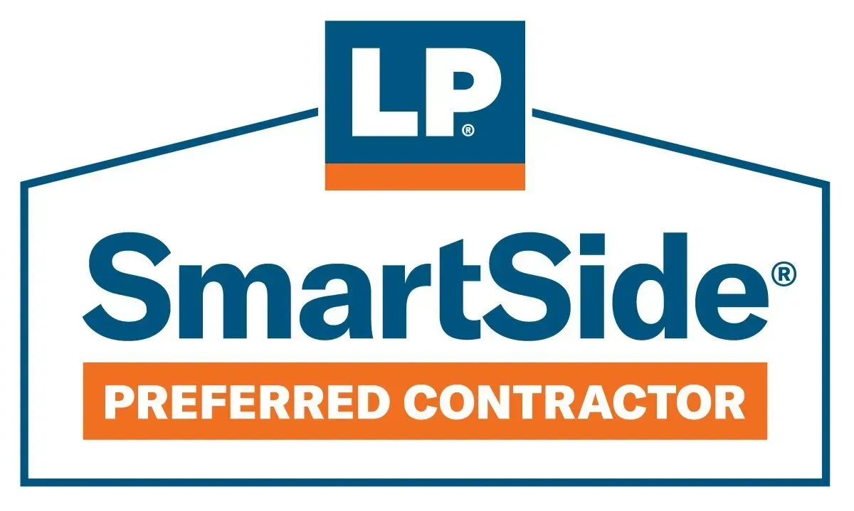 LP SmartSide Preferred Contractor logo: blue and orange text within a blue house outline.