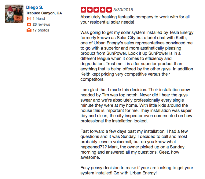 Google review screenshot praising Diego S., a clean, well-kept home, and a quick, professional install