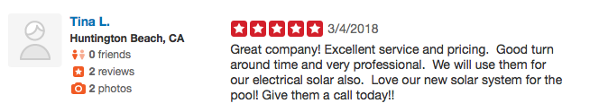 Customer review card with five red stars and text praising a solar company’s service and pricing.
